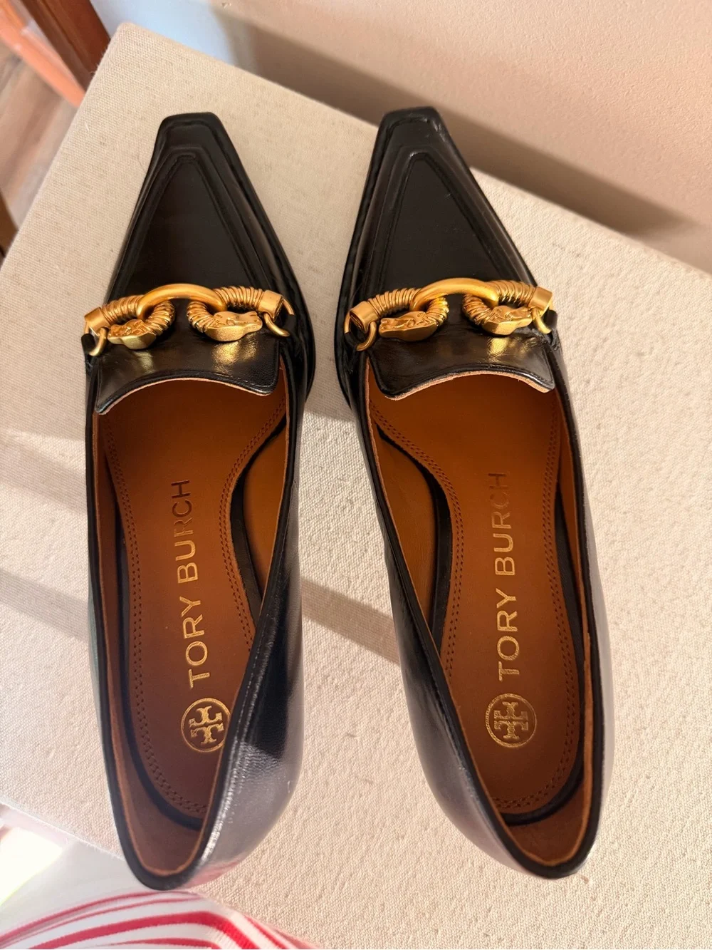 Tory Burch Black Leather Pointed Loafers with Gold Chain Accent